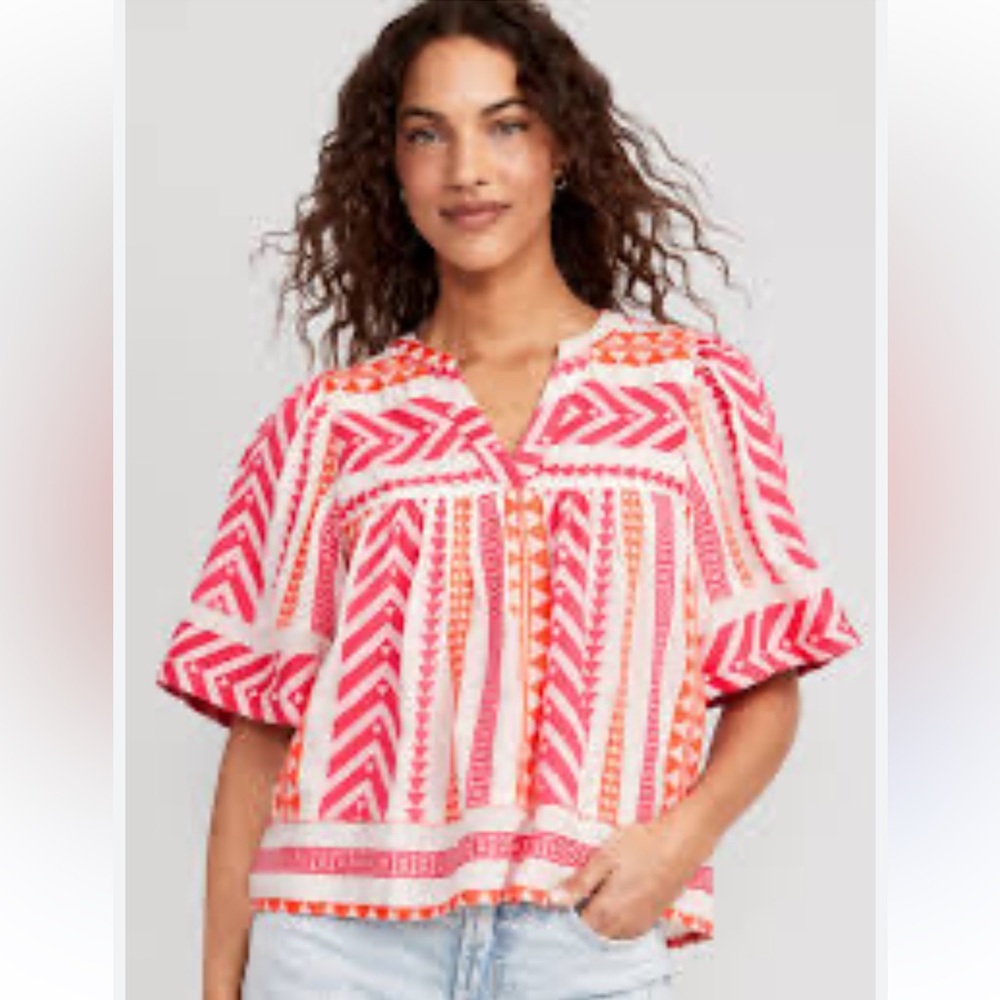 Old Navy Pink and Orange Patterned V-Neck Peasant Blouse